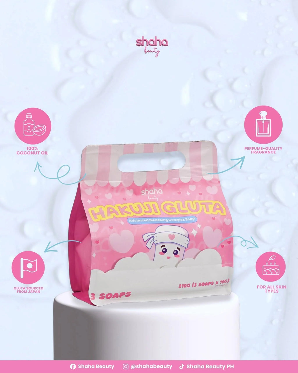 Shaha Beauty Hakuji Gluta Soap 3 Bars (70g Each) – Advanced Brightening Complex Soap with Niacinamide & Gluta Blend for Smooth, Radiant Skin