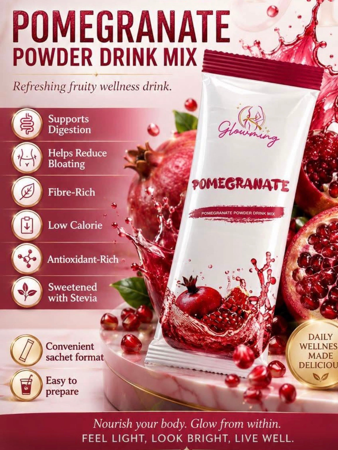 Glowming Pomegranate Powder Drink Mix With Glutathione And Collagen 200g
