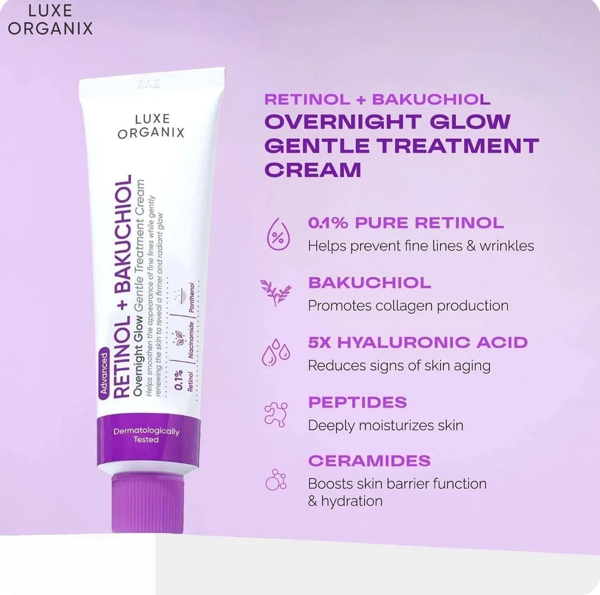 Luxe Organix Advanced Retinol + Bakuchiol Overnight Glow Gentle Treatment Cream