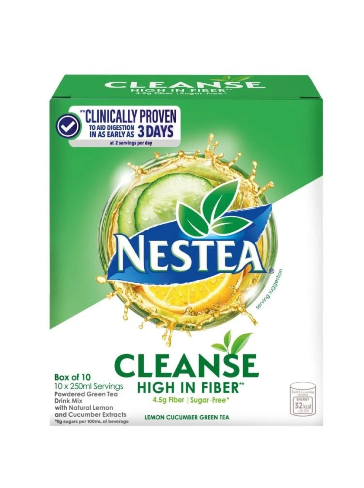Nestea Cleanse Lemon Cucumber Powdered Green Tea 8.5g Fiber per Serving, Box of 10 Sachets (10 x 250ml)