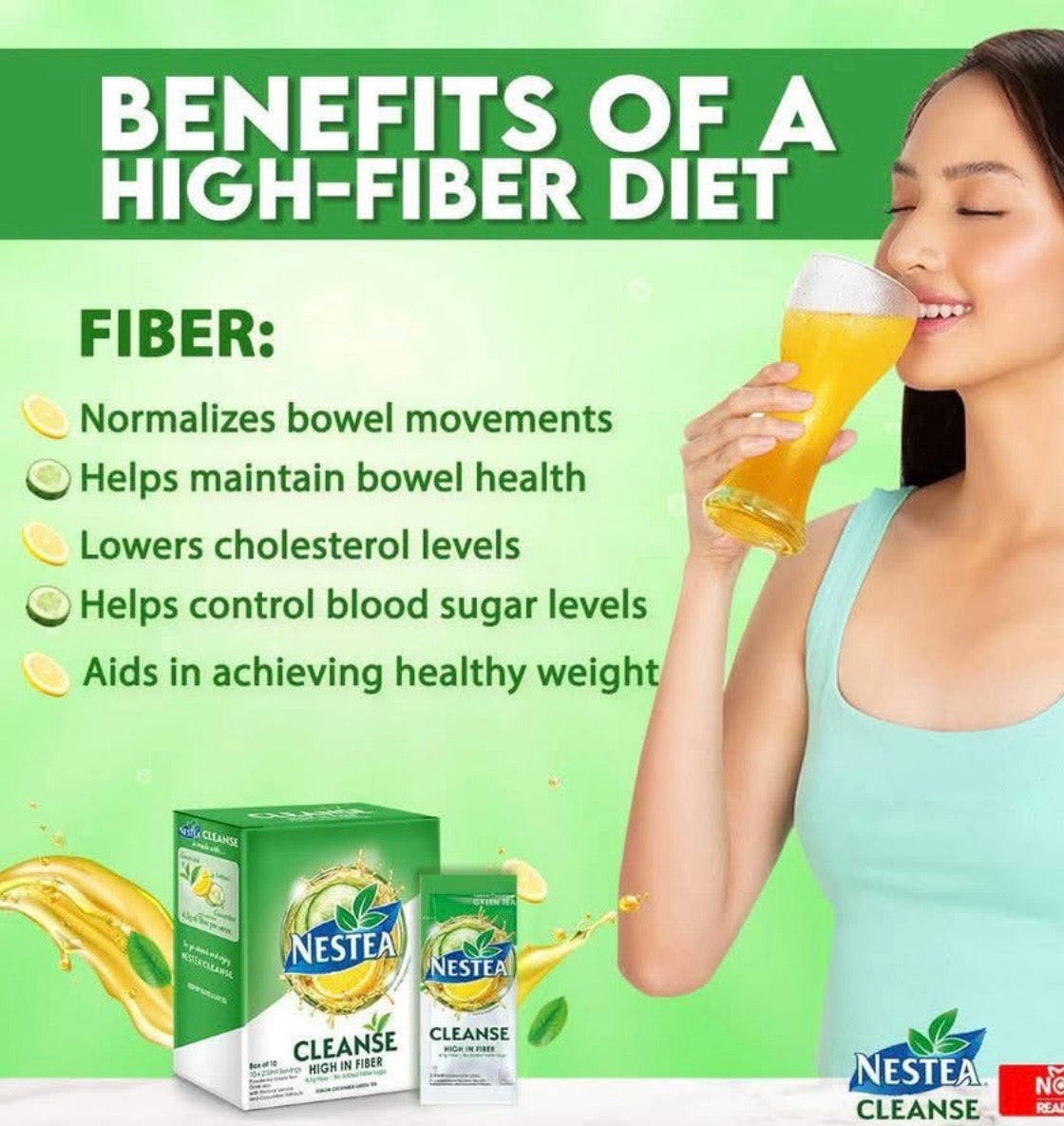 Nestea Cleanse Lemon Cucumber Powdered Green Tea 8.5g Fiber per Serving, Box of 10 Sachets (10 x 250ml)