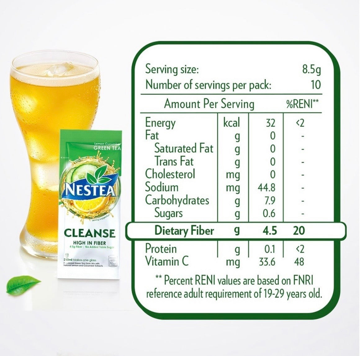 Nestea Cleanse Lemon Cucumber Powdered Green Tea 8.5g Fiber per Serving, Box of 10 Sachets (10 x 250ml)