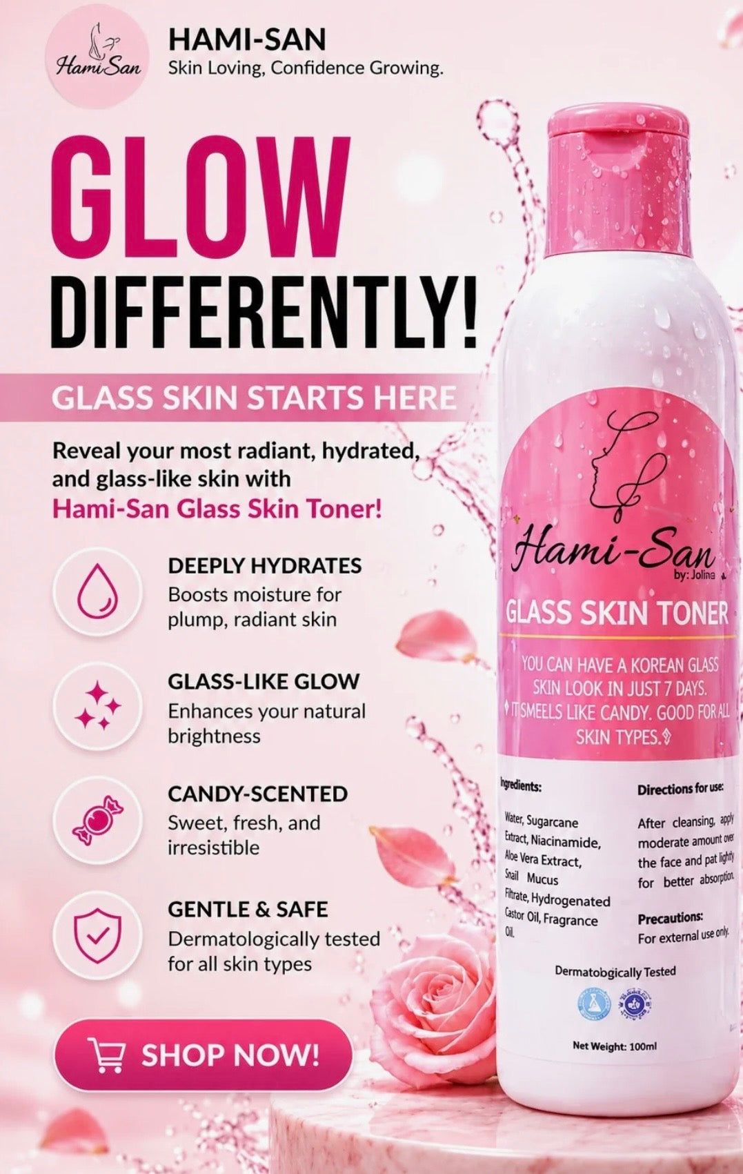 Hami-San Glass Skin Toner 100ml – Korean-Inspired Hydrating Facial Toner with Niacinamide, Aloe Vera & Snail Mucin for Smooth Radiant-Looking Skin