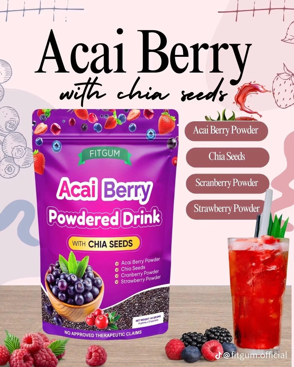 Fitgum Acai Berry Powdered Drink with Chia Seeds
