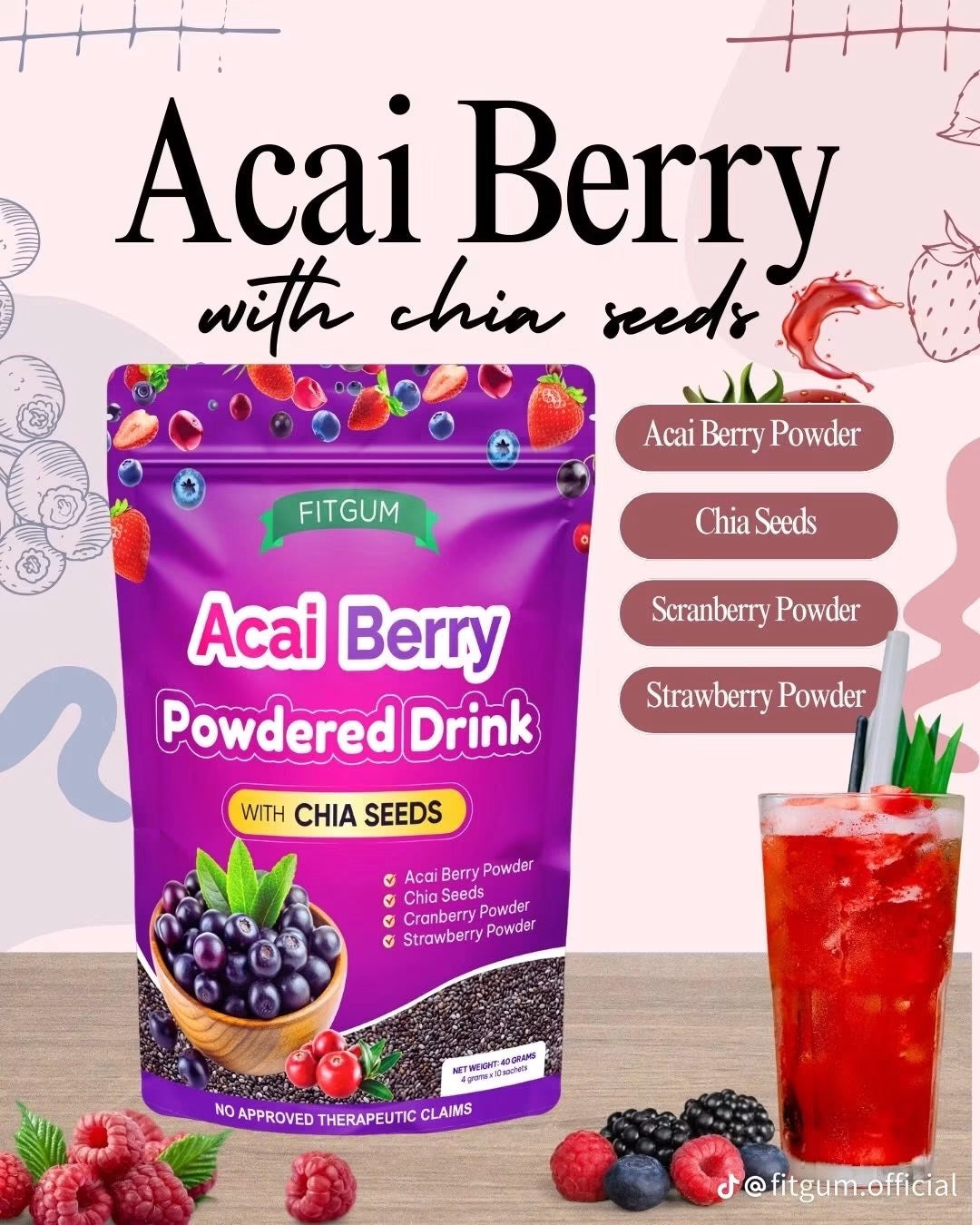 Fitgum Acai Berry Powdered Drink with Chia Seeds