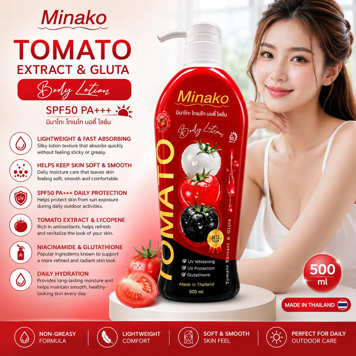 Minako Tomato Extract & Gluta Body Lotion 500ml Niacinamide Body Moisturizer with SPF50 PA+++ Lightweight Daily Body Care Lotion Made in Thailand